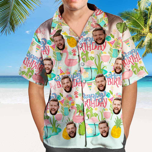 Kundenspezifisches Alles- Gute Zum Geburtstaghawaiianhemd-flamingo-party-personalisiertes Gesichts-shirt