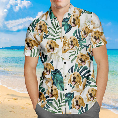 Kundenspezifisches Gesicht Hawaiihemd Weiße Blumen Personalisiertes Aloha Beach Shirt Für Haustierliebhaber