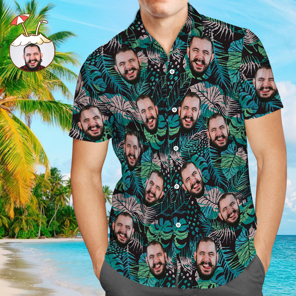 Benutzerdefinierte Gesicht Hawaiihemd Herren All Over Leaves Kurzarm Aloha Beach Shirt für Herren