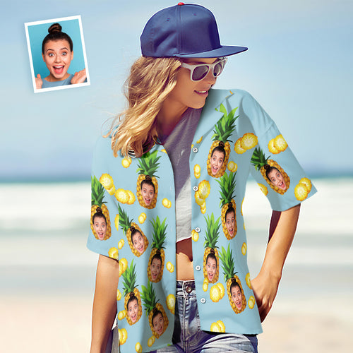 Benutzerdefiniertes Gesicht Hawaiihemd Frauen ganz über Druck Big Ananas Kurzarm-Shirt