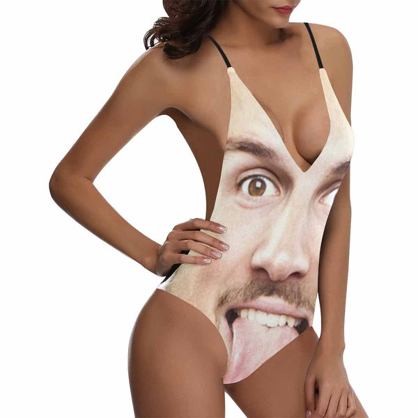 Kundenspezifischer Gesicht Foto Damen Schnürung Rückenloser Einteiler Sexy Badeanzug