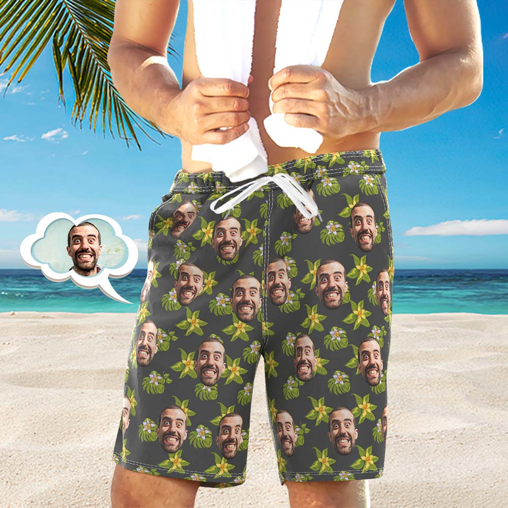 Custom Face Beach Trunks All Over Print Photo Shorts Für Herren – Grüne Und Weiße Blume - MyFaceBoxerDE