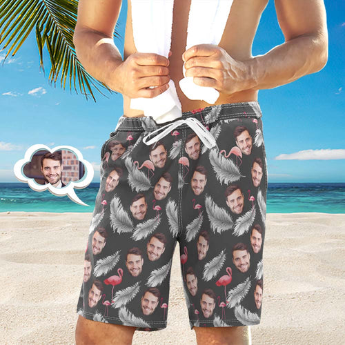 Custom Face Beach Trunks All Over Print Photo Shorts Für Herren – Feder Und Flamingo Schwarz - MyFaceBoxerDE