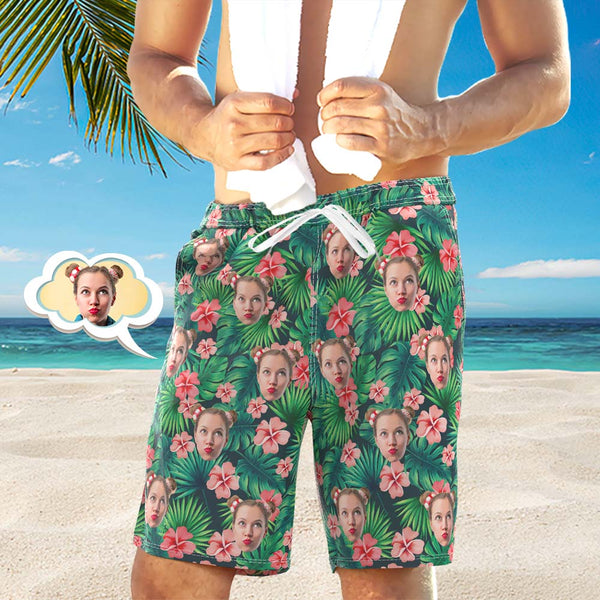 Custom Face Beach Trunks Für Herren Mit Foto-shorts Mit Allover-print – Grüne Blätter Und Blumen - MyFaceBoxerDE