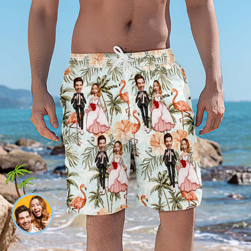 Kundenspezifische Strand-shorts Personalisierte Flamingo- Und Kokospalmen-hochzeits-badehose - MyFaceBoxerDE