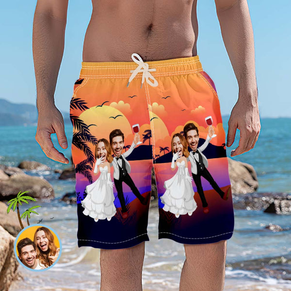 Kundenspezifische Foto-strand-shorts Personalisierte Sonnenuntergangs- Und Kokosnuss-hain-hochzeits-badehose - MyFaceBoxerDE