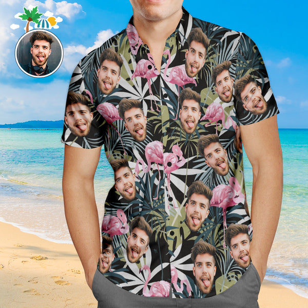 Benutzerdefiniertes Gesicht Hawaiihemd Blätter Und Flamingo Personalisiertes Aloha Beach Shirt Für Männer - MyFaceBoxerDE