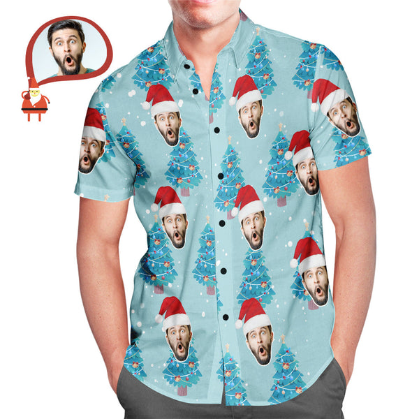 Custom Face All Over Print Blaues Hawaiihemd Weihnachtsbaum Stil Geschenk Für Ihn - MyFaceBoxerDE