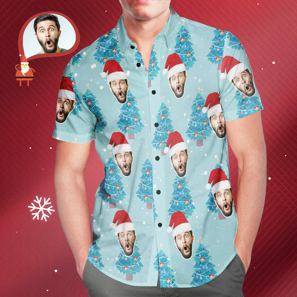 Custom Face All Over Print Blaues Hawaiihemd Weihnachtsbaum Stil Geschenk Für Ihn - MyFaceBoxerDE