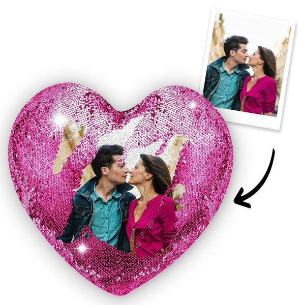 Benutzerdefinierte süße Liebe Foto Magic Heart Pailletten Kissen Multicolor Shiny