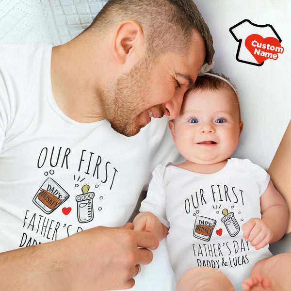 Personalisiertes Namenshemd Individuelles Geschenk für Papa Bier und Liebe Shirt Unser erster Vatertag Papa und Baby passende Outfits