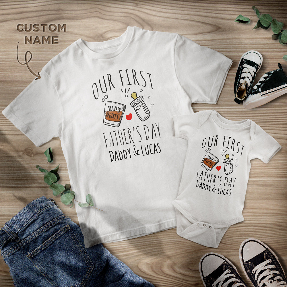 Personalisiertes Namenshemd Individuelles Geschenk für Papa Bier und Liebe Shirt Unser erster Vatertag Papa und Baby passende Outfits