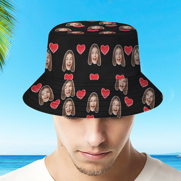 Custom Your Photo Face And Pet Summer Bucket Hat Fisherman Hat - Heart Black