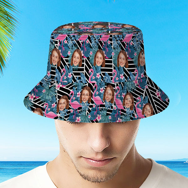 Custom Bucket Hat Unisex Face Bucket Hat Personalize Wide Brim Outdoor Summer Cap Hiking Beach Sports Hats Gift for Lover - Flamingo