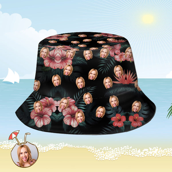 Benutzerdefinierte Eimer Hut Personalisiertes Gesicht als Allover-Print Tropischer Blumendruck Hawaiischer Fischerhut
