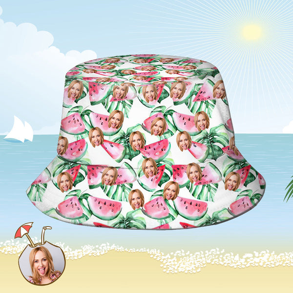 Benutzerdefinierte Eimer Hut Personalisiertes Gesicht als Allover-Print Tropischer Blumendruck Hawaiischer Fischerhut – Wassermelone