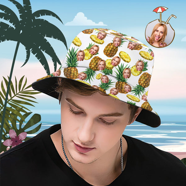 Benutzerdefinierte Eimer Hut Personalisiertes Gesicht als Allover-Print Tropischer Blumendruck Hawaiischer Fischerhut – Ananas