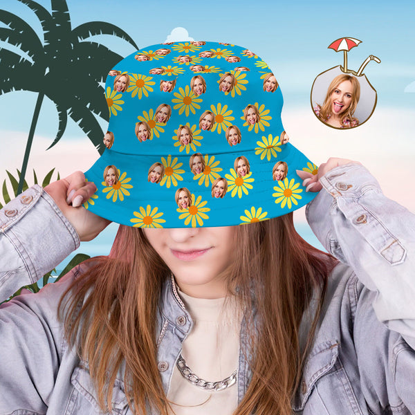 Benutzerdefinierte Eimer Hut Personalisiertes Gesicht als Allover-Print Tropischer Blumendruck Hawaiischer Fischerhut - Gelbe Blumen