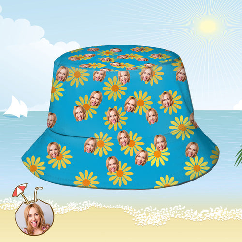 Benutzerdefinierte Eimer Hut Personalisiertes Gesicht als Allover-Print Tropischer Blumendruck Hawaiischer Fischerhut - Gelbe Blumen