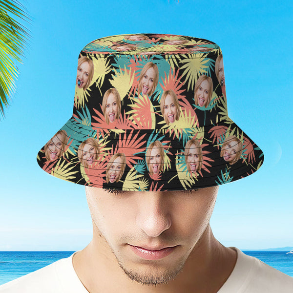 Custom Bucket Hat Personalized Face All Over Print Tropical Flower Print Hawaiian Fisherman Hat - Leaves