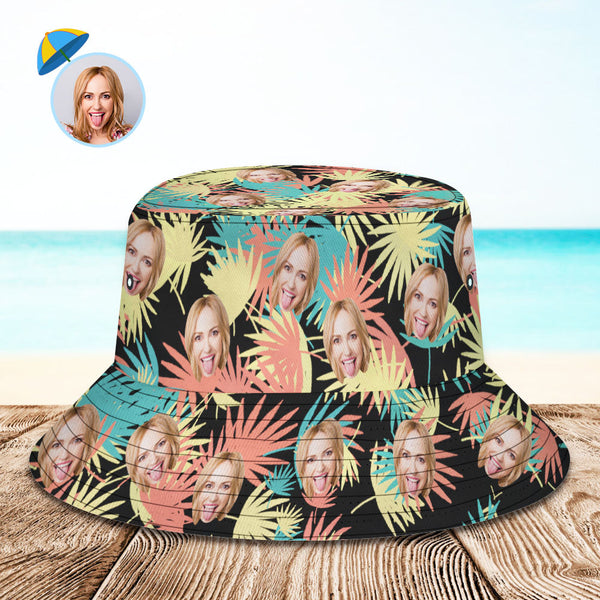 Custom Bucket Hat Personalized Face All Over Print Tropical Flower Print Hawaiian Fisherman Hat - Leaves