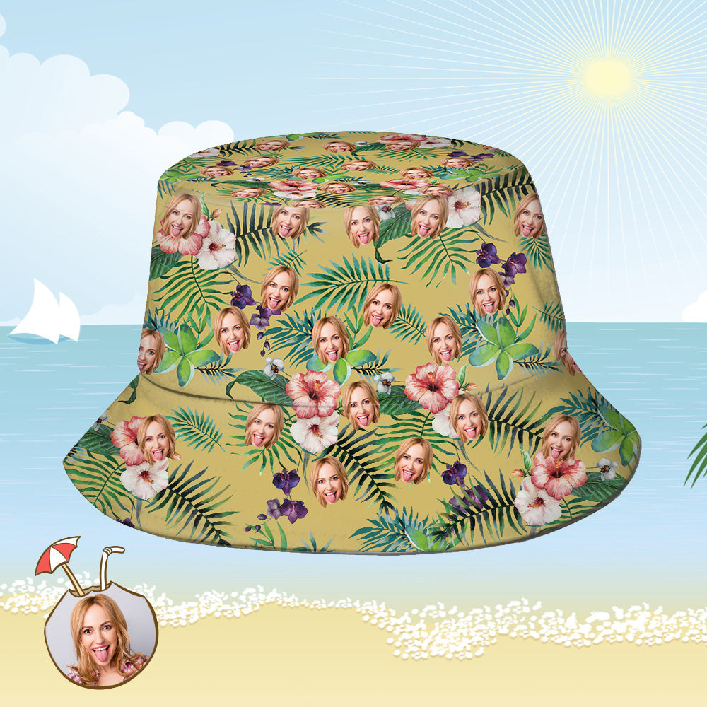 Benutzerdefinierte Eimer Hut Personalisiertes Gesicht als Allover-Print Tropischer Blumendruck Hawaiischer Fischerhut- Gelb