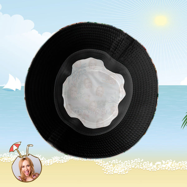 Benutzerdefinierte Eimer Hut Personalisiertes Gesicht als Allover-Print Tropischer Blumendruck Hawaiischer Fischerhut -Seeblick