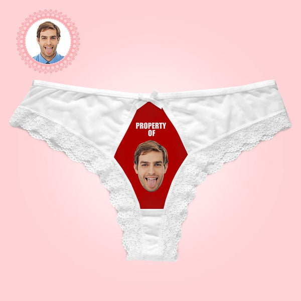 Kundenspezifischer Spitzen-Tanga Sexy White Lace Panties Funny Gift With Boyfriend Face - Property Of - MyFaceBoxerDE