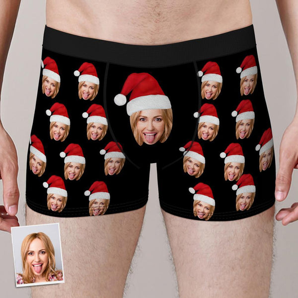 Benutzerdefinierte Gesicht Boxershorts mit Weihnachtsmütze Personalisierte Foto Unterwäsche Weihnachtsgeschenk für Männer