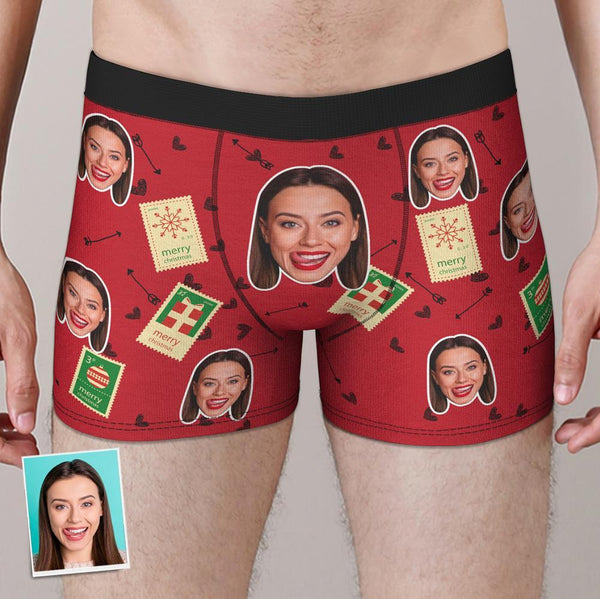 Custom Christmas Love Stamps Face Boxers Shorts Personalised Photo Underwear Christmas Gift for Men