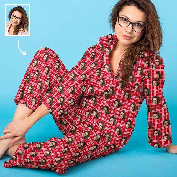 Red Plaid Custom Pet Photo Langarm-Pyjama, Nachtwäsche