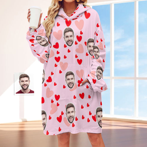 Benutzerdefiniertes Gesicht Erwachsene Unisex Decke Hoodie Personalisierte Decke Pyjama Geschenk Rosa Herz - MyFaceBoxerDE