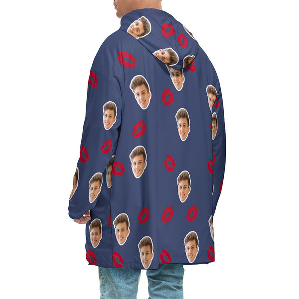 Benutzerdefiniertes Gesicht Erwachsene Unisex Decke Hoodie Personalisierte Decke Pyjama Geschenk Rote Lippen - MyFaceBoxerDE