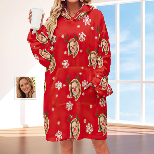 Benutzerdefiniertes Gesicht Erwachsene Unisex Decke Hoodie Personalisierte Decke Pyjama Geschenk Weihnachtselch - MyFaceBoxerDE
