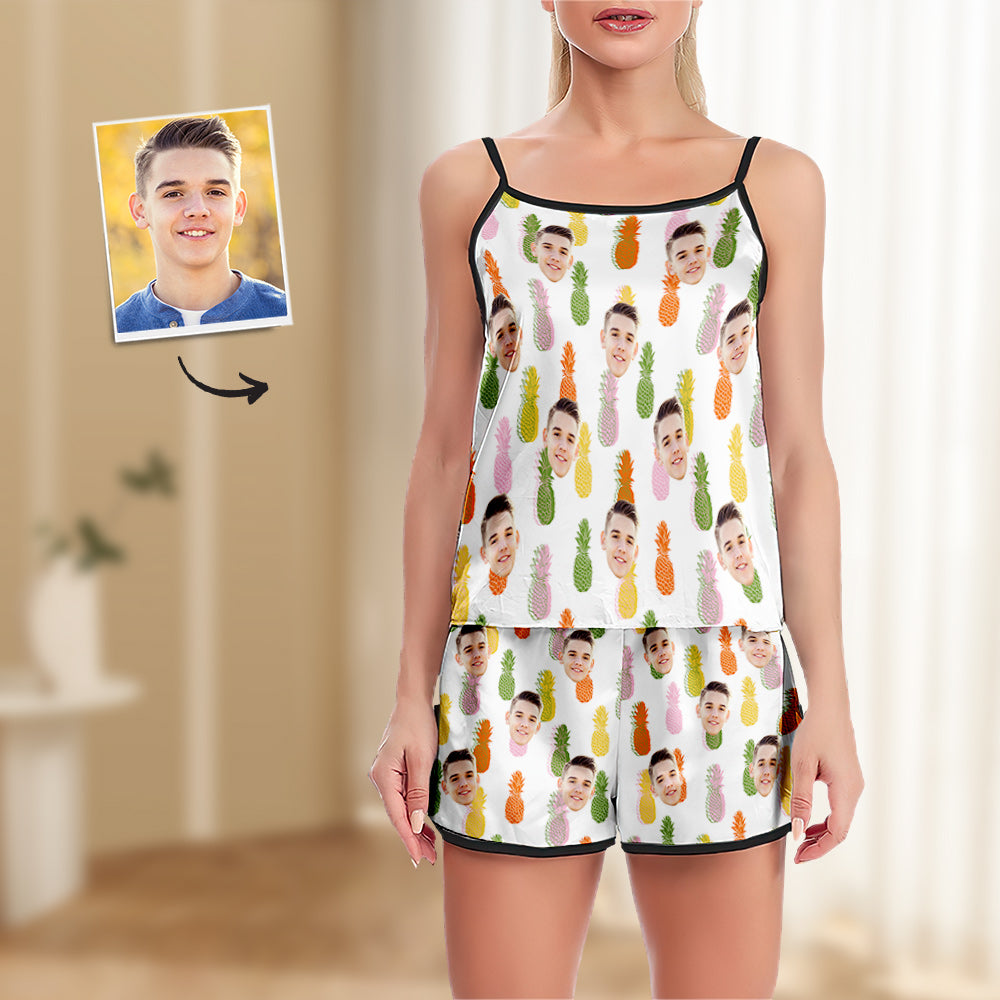 Benutzerdefinierte Gesicht Camisole Nachtwäsche Bunte Ananas Personalisierte Dessous Set Sommer Pyjamas - MyFaceBoxerDE