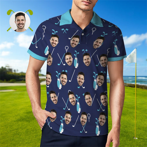 Blaues Poloshirt Mit Individuellem Gesicht Für Herren, Personalisierte Golf-shirts - MyFaceBoxerDE