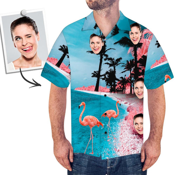 Benutzerdefinierte Herren Hawaiihemd - Strand mit Flamingos
