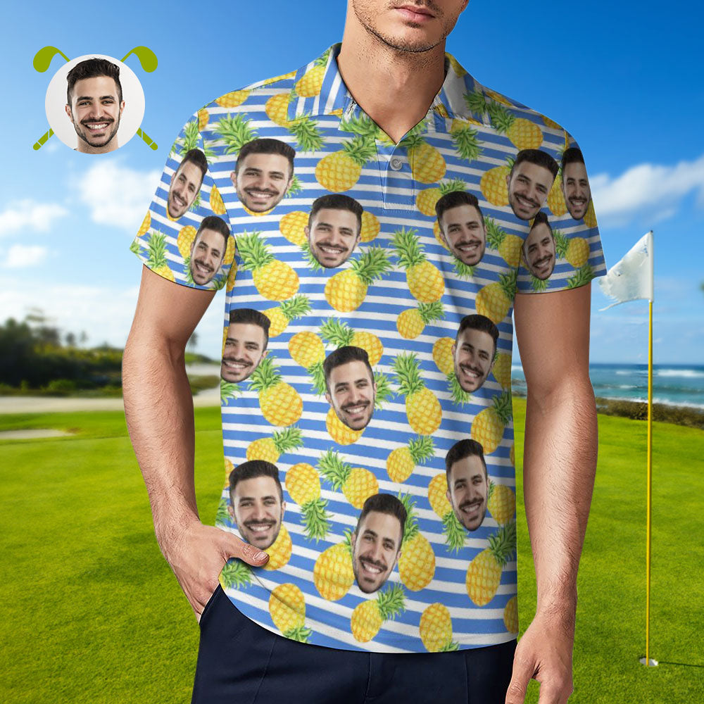 Das Kundenspezifische Gesichts-poloshirt-blaue Streifen Der Männer Mit Ananas-personalisierten Hawaiischen Golf-hemden - MyFaceBoxerDE