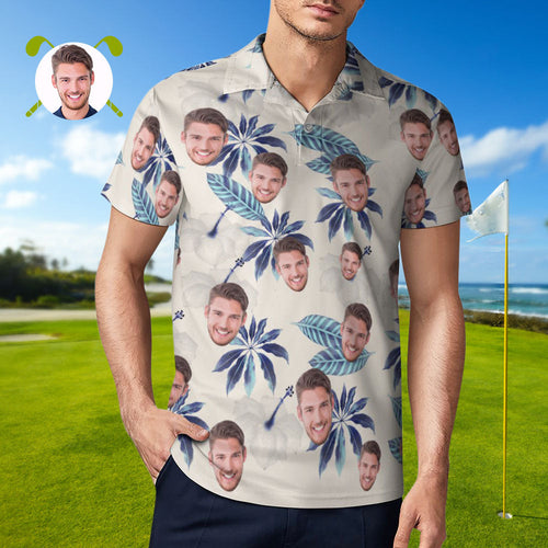 Benutzerdefiniertes Gesicht Poloshirt Für Männer Blumen Und Blätter Personalisierte Hawaiian Golf Shirts - MyFaceBoxerDE