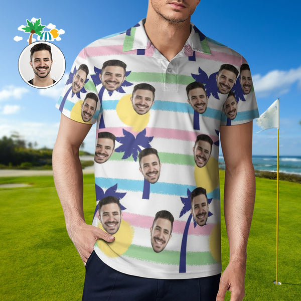 Benutzerdefiniertes Gesichtsblaues Palmen-poloshirt Für Männer, Personalisierte Hawaiianische Golf-shirts - MyFaceBoxerDE