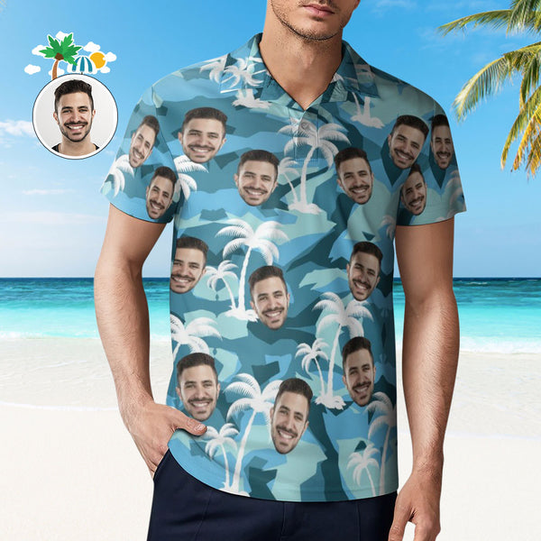 Custom Face White Coconut Tree Poloshirt Personalisierte Hawaiianische Golfshirts Für Herren - MyFaceBoxerDE