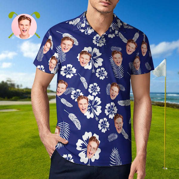 Herren-poloshirt Mit Individuellem Gesicht, Blau, Tropische Atmosphäre, Personalisierte Hawaiianische Golf-shirts, Geschenk Für Ihn - MyFaceBoxerDE
