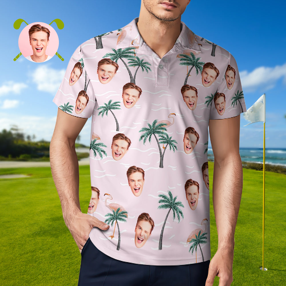 Herren-poloshirt Mit Individuellem Gesicht, Rosa Flamingos, Personalisierte Hawaiianische Golf-shirts, Geschenk Für Ihn - MyFaceBoxerDE