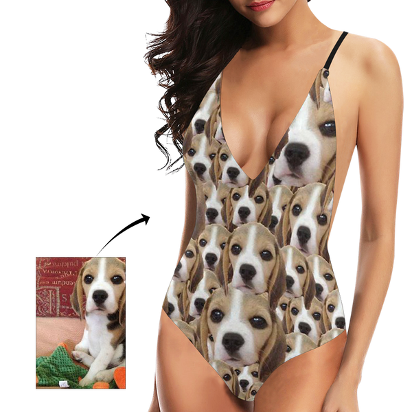 Kundenspezifischer Süßer Hund Gesicht V-Ausschnitt Damen Einteiler Sexy Badeanzug