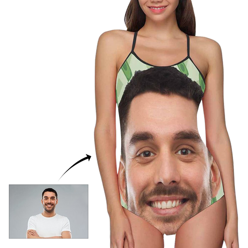Kundenspezifischer Komisch Gesicht Grün Hintergrund Damen Slip Einteiler Badeanzug