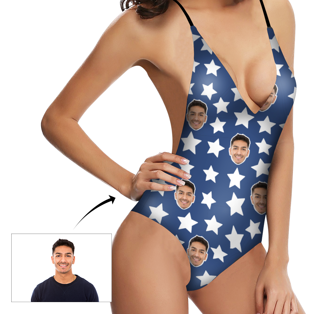 Kundenspezifischer Kopf Foto Weiße Sterne Blau Damen Einteiliger Badeanzug