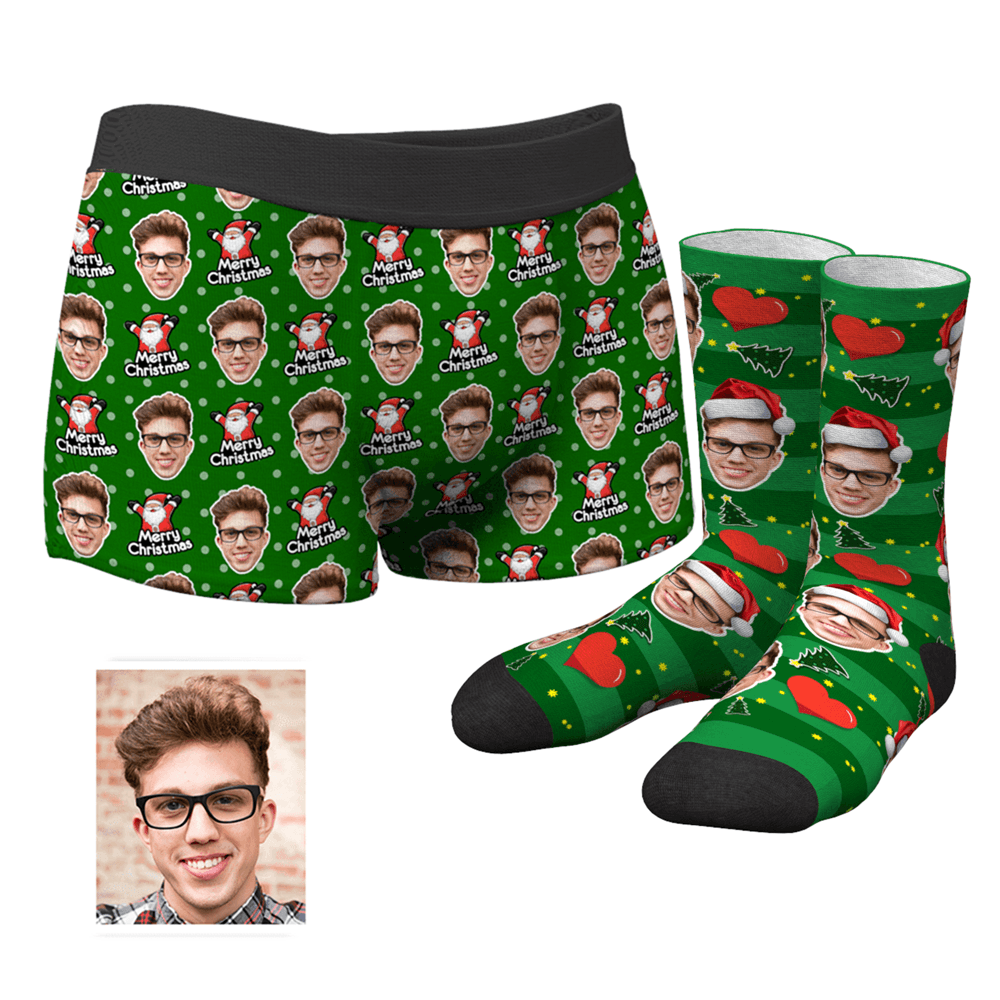 Herren Weihnachtsmütze Custom Weihnachtsmann Gesicht Boxershorts Und Crew Socken Set - MyFaceBoxerDE