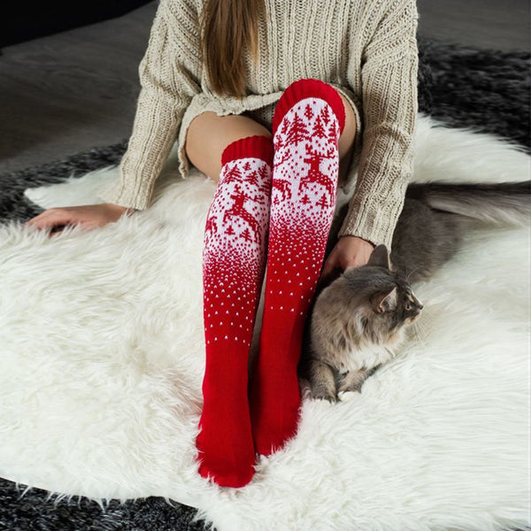 Damen Winter Beinwärmer Stricksocken Weihnachtselch rot lange Woll Overknee-Socken