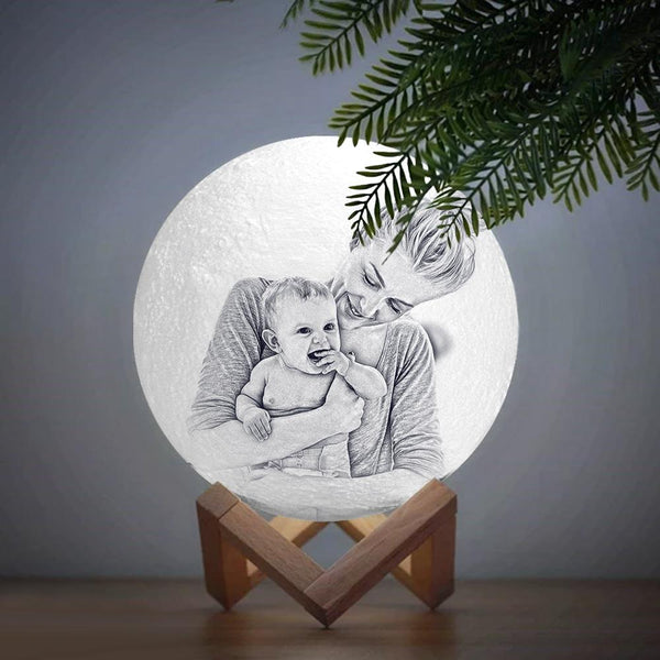 Weihnachtsgeschenk Personalisierter kreativer 3D-Druck und gravierte Mondlampe mit Foto von Mutter und Tochter - Berühren zwei Farben